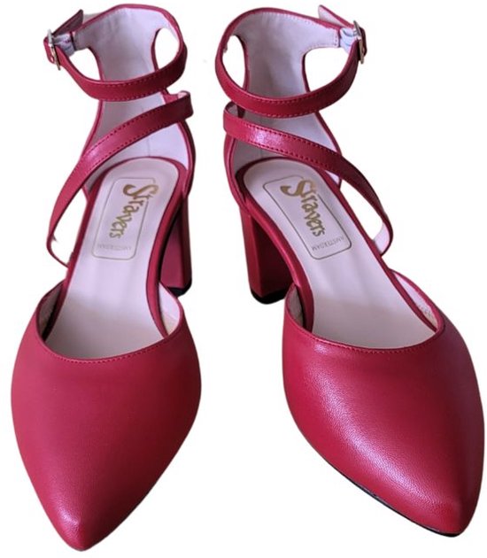 Stravers - Escarpins Elegant à bride cheville et talon carré - Rouge - Taille 44 - Escarpins femme grande taille