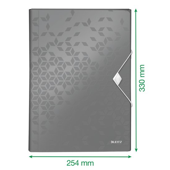 Grijze map met geometrisch patroon, elastische sluiting, afmetingen 254x330 mm.
