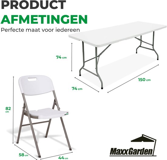 MaxxGarden Vouwtafel - Campingtafel - Inklapbare Picknickset - Campingset met 4 stoelen - 152cm - Wit van MaxxGarden — afbeelding 2