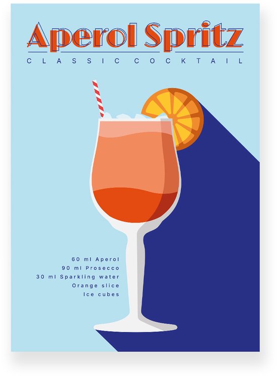 Poster 50x70 cm - Aperol Spritz - Cocktail Recept - Oranje - Blauw - Retro - Art deco - Muurdecoratie - Wanddecoratie