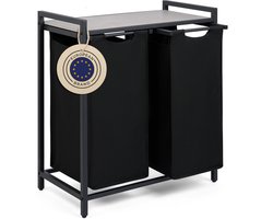 Blumtal Wasmand met 2 vakken - Wasmand met betonlook plank - Metalen frame - Wasmand met poten - Zwart