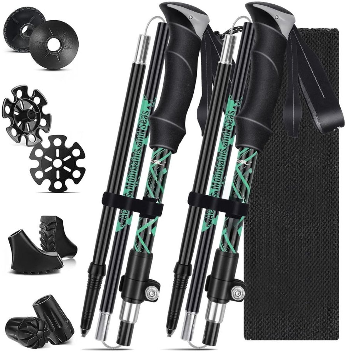 Nordic Walking Stokken - Inklapbaar Carbon Trekkingstokken - Nordic Walking Doppen - Wandelstokken - Verstelbaar & Opvouwbaar - Inschuifbaar - Telescopisch - Hiking Accessoires - Ergonomische & Lichtgewicht - 130 cm - Zwart & Groen
