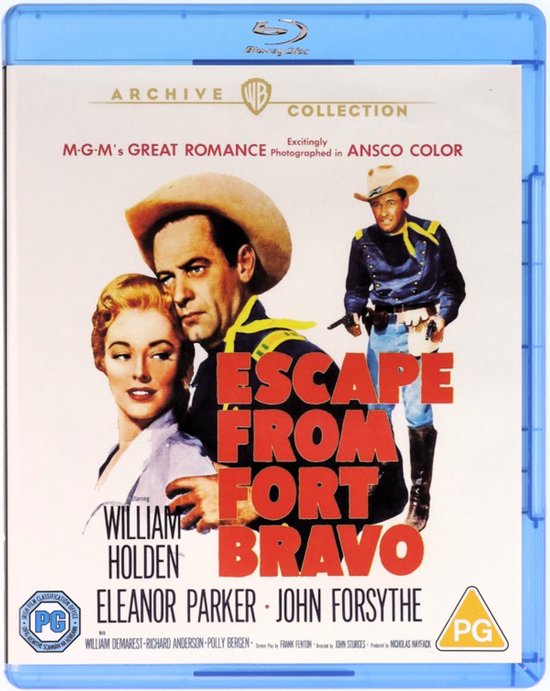 Escape from Fort Bravo Blu-ray hoes, met William Holden en Eleanor Parker in cowboykleding.