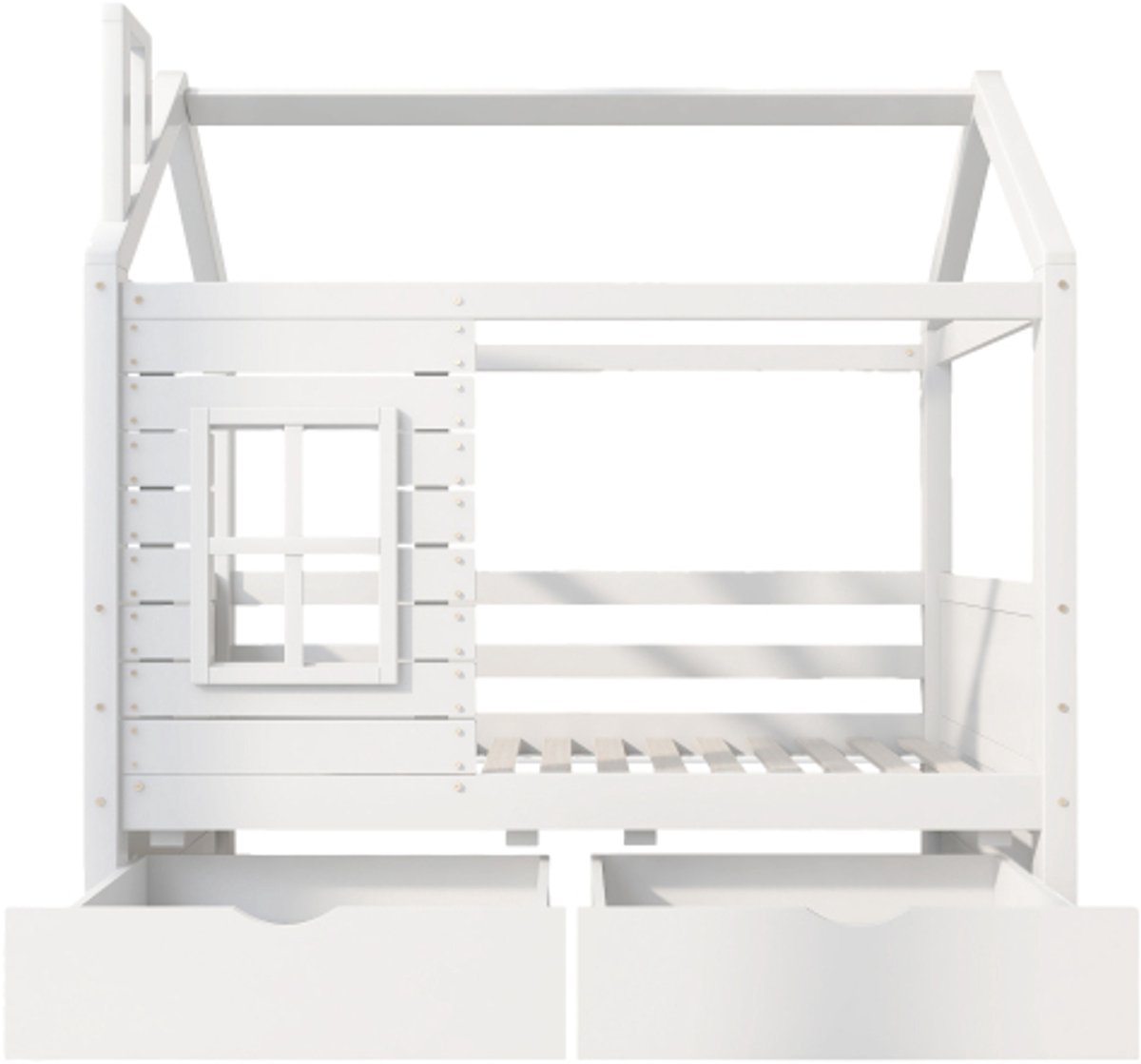 GOTAGEE Huisbed kinderbed jeugdbed 80x160 cm met valbeveiliging raam en lattenbodem, wit