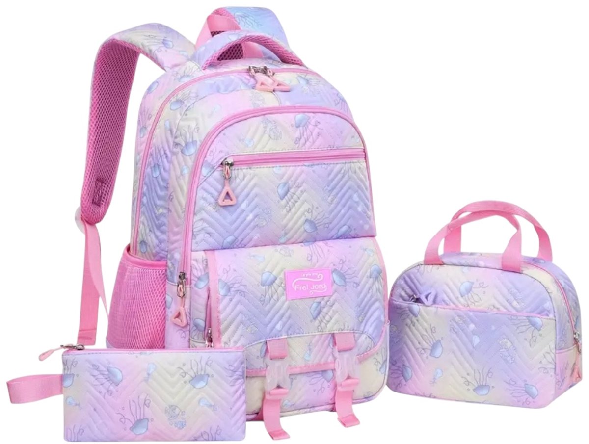 Twenty Two 3-delig schooltassen set | schoolrugzak, etui, lunchtas voor meisjes/basisschool lila|paars|roze| met ritssluiting |waterdicht grote capaciteit/veel vakken |lichtgewicht |meiden tassenset |3 stuks | stevig tas |schooltassen set 31x17x45cm