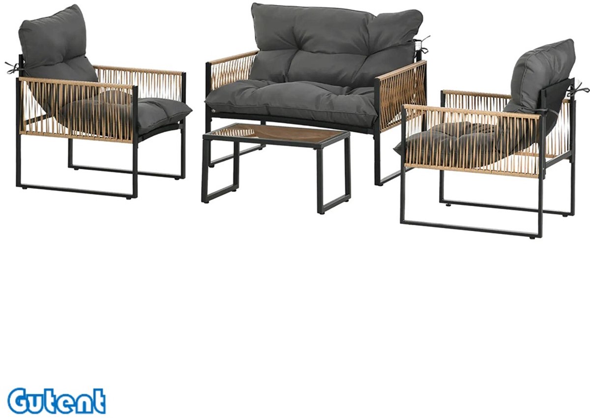 Gutent Tuinmeubelset - 4-Delig - 2 Stoelen - Tafel met Glazen Bovenblad - Metalen Frame - Poly Rotan - Antraciet Grijs