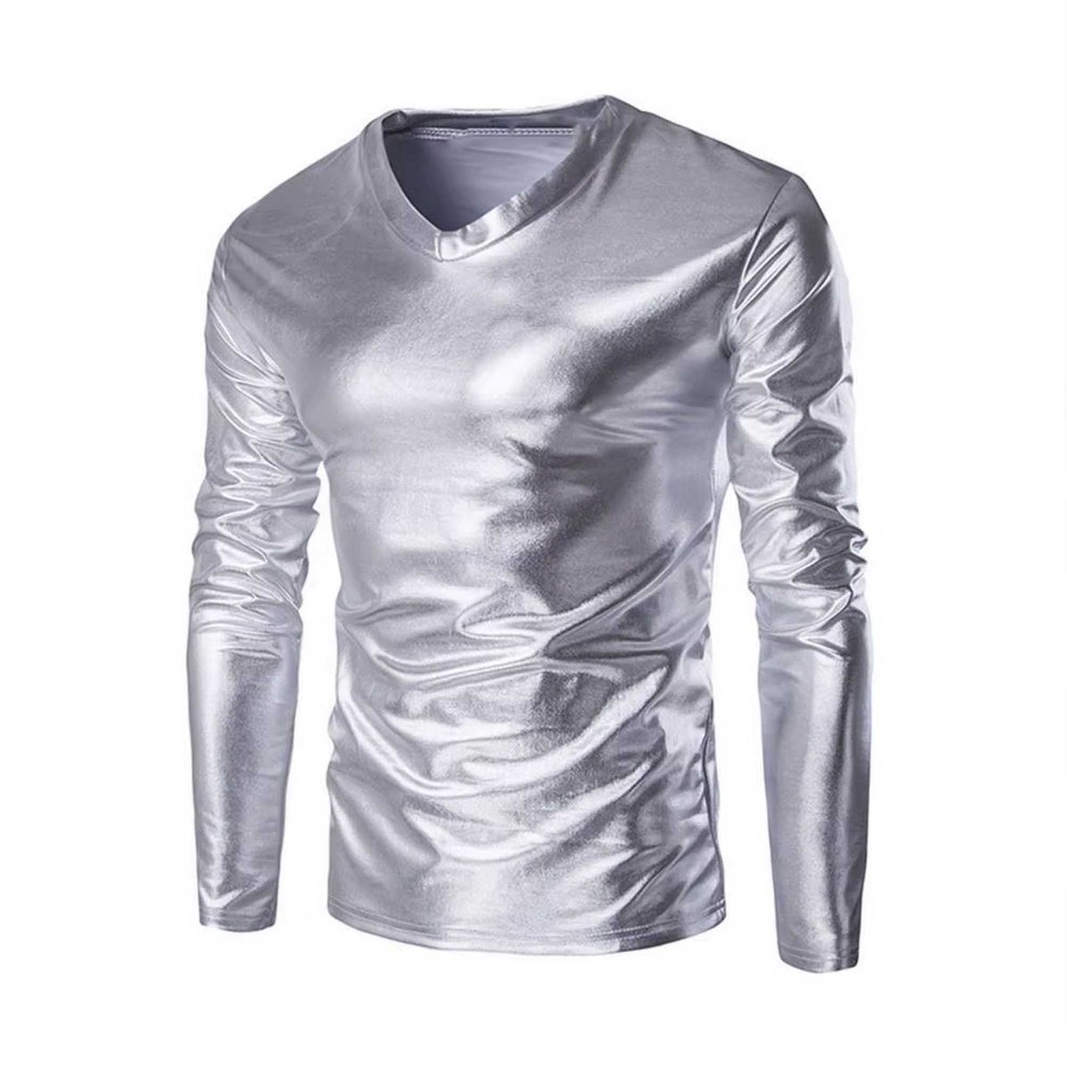 Heren Shirt Zilver Metallic – Lange Mouwen – Glanzend Party Top