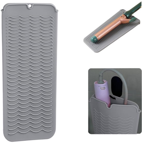 Geïsoleerde opbergtas voor krultangen - Hittebestendige siliconenmat met ophanggat - Hittebestendige reismat voor krultangen - Tas voor krultangen, stijltangen en andere hete haarstylingtools - Grijs