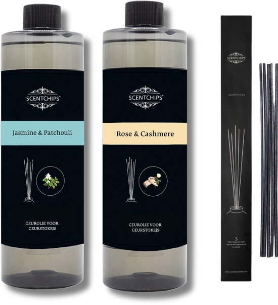 Recharge Jasmin patchouli + rose cachemire + bâtonnets parfumés - Recharge Bâtons parfumés parfumés Set de 2 + 5 Bâtons parfumés - Diffuseur de parfum - Désodorisant - Parfum d'ambiance - 400ml x 2