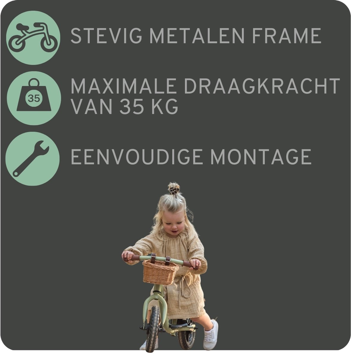 Bandits & Angels Metalen Loopfiets Met Mandje Starter Groen met Voetenplank vanaf 2 Jaar - Limited Edition - Vintage Groene Loop Fiets - Verstelbaar Zadel 29 tot 39 cm - Voor Jongens en Meisjes - Compact en Veilig - Lage Instap met Voetenplank — afbeelding 3