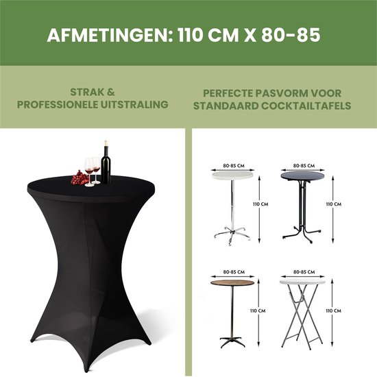 Zwarte statafelrok toont de afmetingen 110 cm x 80-85 cm en hoe de hoes past op diverse tafels.
