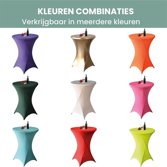 Statafelrokken in diverse kleuren: paars, goud, oranje, donkergroen, crème, roze, blauw, rood en limegroen.