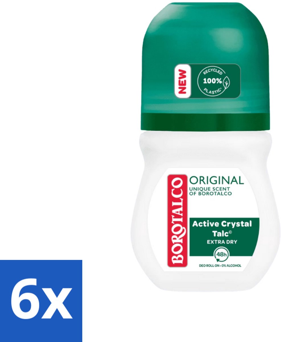 Borotalco - Deodorant Roller - Original - Active Crystal Talc - 0% Alcohol - 50 ml - Voordeelverpakking - 6 stuks