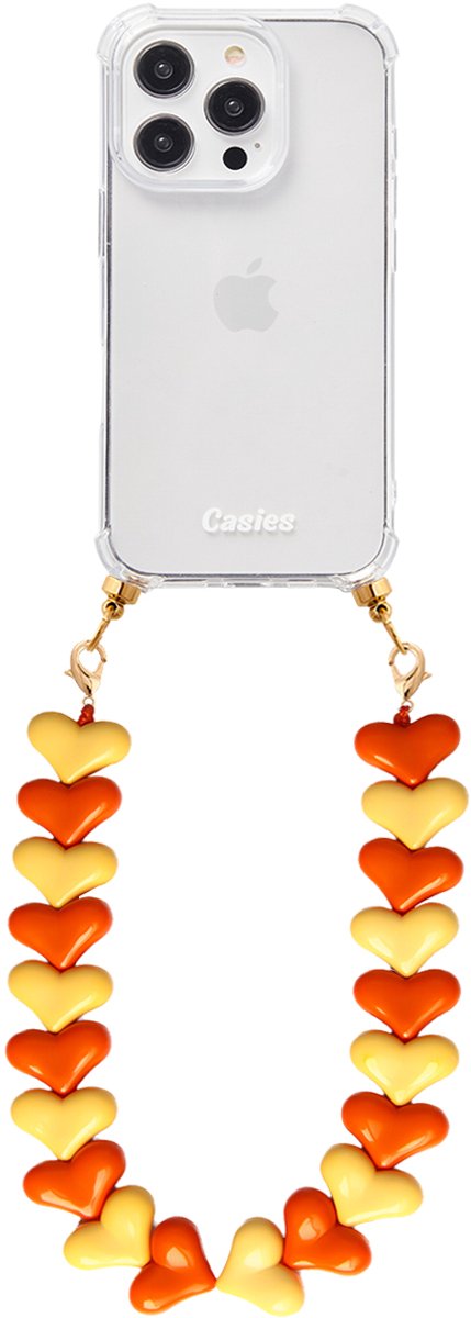Casies hoesje geschikt voor Apple iPhone 15 Pro met oranje gele harten koord - telefoonhoesje met chunky hartenkoord - Transparant - Cord case