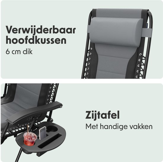 LifeGoods Ligstoel Comfort - Opvouwbaar - 30°-90° Verstelbaar - Beker en Telefoonhouder - Tuinstoel - Zwart/Grijs van Merkloos — afbeelding 3
