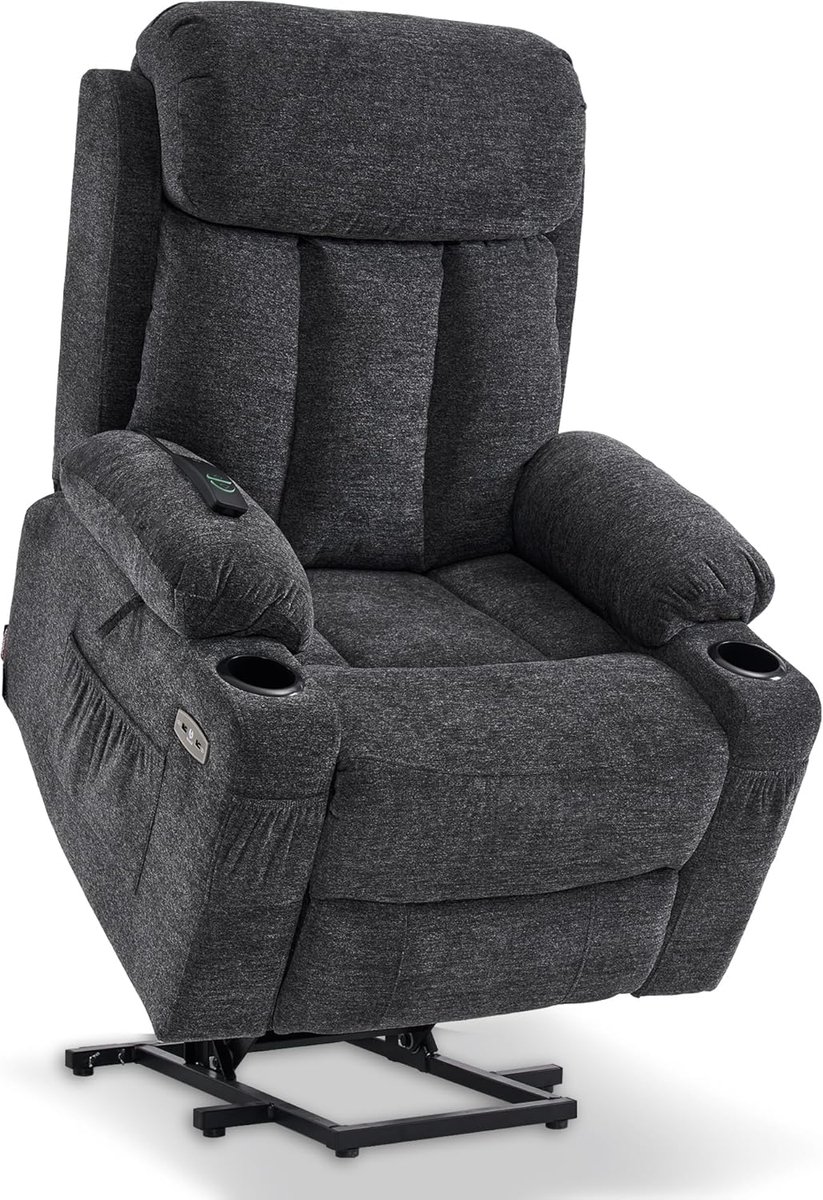 MCombo Luxe Elektrische Relaxstoel – Sta-Op Functie – Verstelbare Ligpositie – Verlengde Voetensteun – Opbergvakken – 1 Motor – Donkergrijs Stof