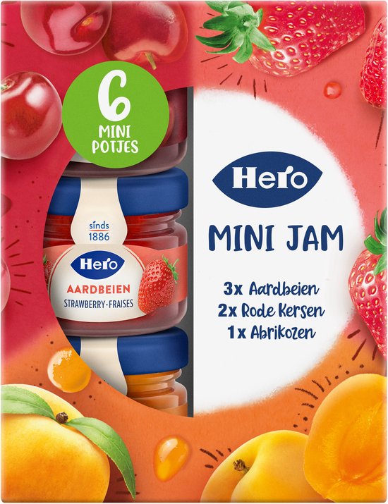 Hero Mini Jam - Broodbeleg - Jam - Aarbeien, Rode Kersen & Abrikozen - 8 doosjes à 6 x 28.3g
