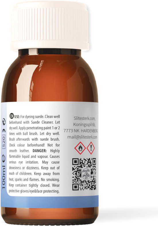 Flesje Slitesterk leerverf 100ml met etiket en waarschuwingssymbolen.