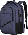 Gedetailleerd beeld van een donkerblauwe TRVLMORE rugzak met USB-poort en mesh zijvakken.