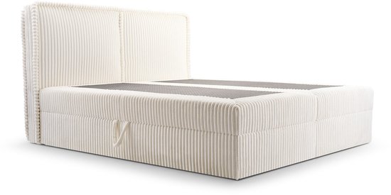 Lit Boxspring 04 - Structure en bois et panneau stratifié - Lit avec bac à linge - Tissu velours côtelé - 180x200 - Beige (Ambience 01)