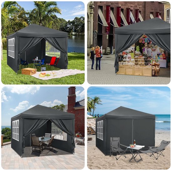 3x3m Opvouwbare Partytent - Easy Up Partytent - Partytent Opvouwbaar - Tuinpaviljoen - Waterdicht - UV - Bescherming - Verstelbare Hoogte - Draagtas - Zonnescherm - Antraciet — afbeelding 2