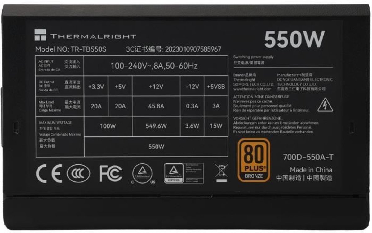 Pc-Voeding - Thermalright - Tb550S - 550W - 80+ Brons - Niet-Modulair - Atx 3.0 - afbeelding 2