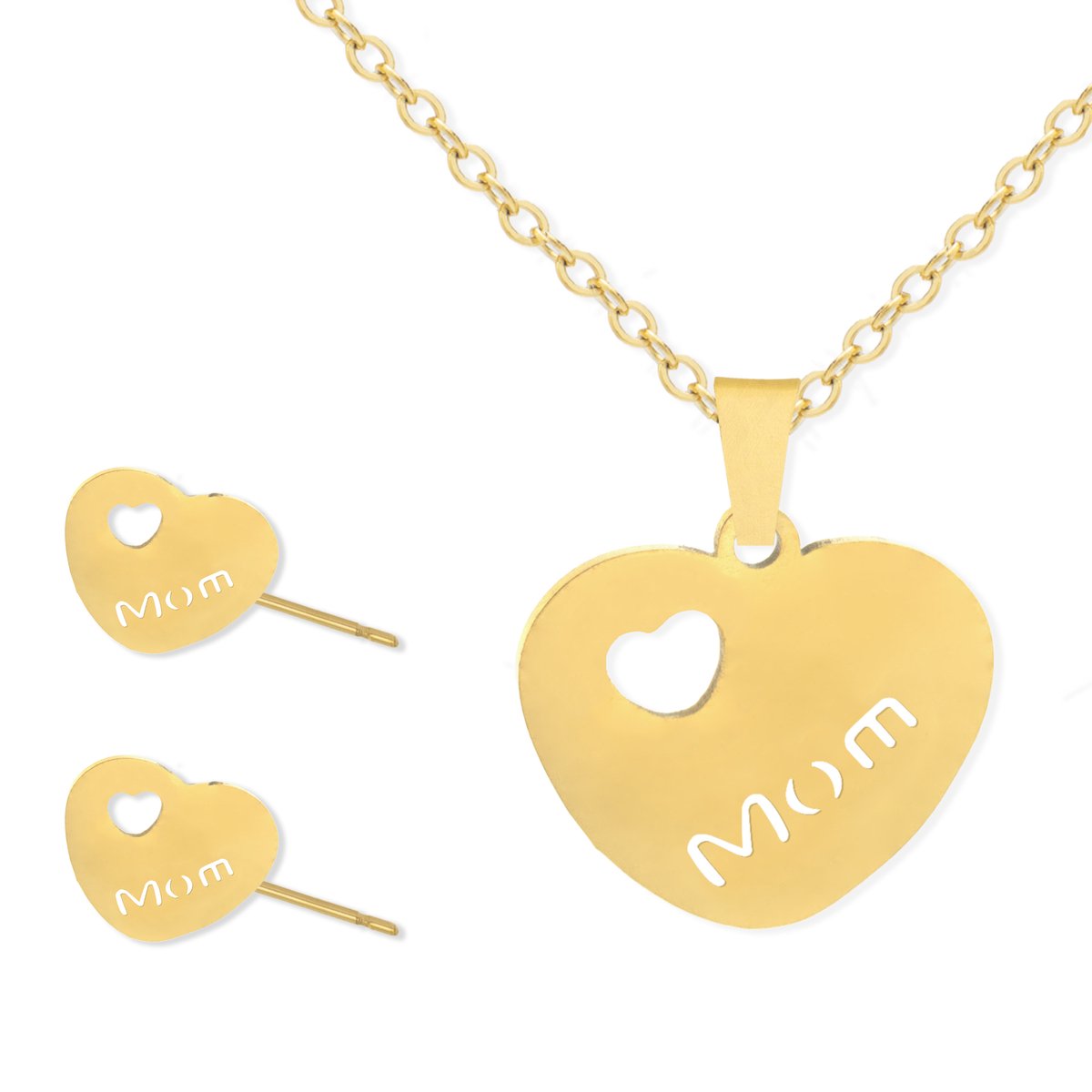 Cadeau Ketting & Oorbellen set met Hartje "Mama" - Roestvrij Staal - Goudkleurig - Cadeau Sieraad op Kaartje - Pax Amare