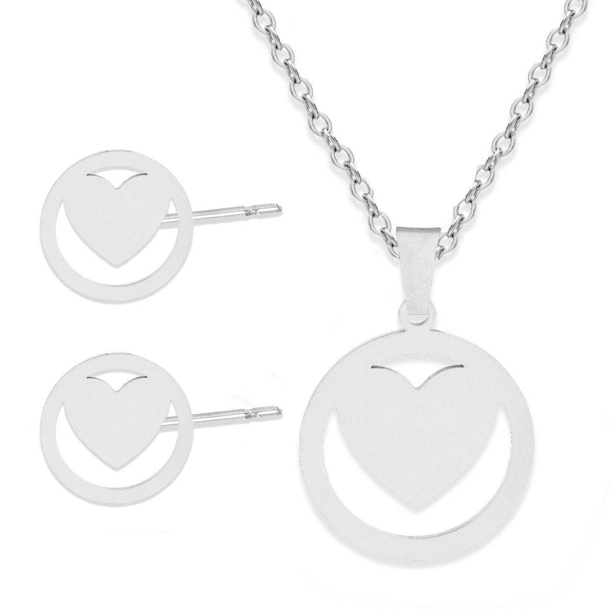 Cadeau Ketting & Oorbellen set met Hartje in Rondje - Roestvrij Staal - Zilverkleurig - Cadeau Sieraad op Kaartje - Pax Amare
