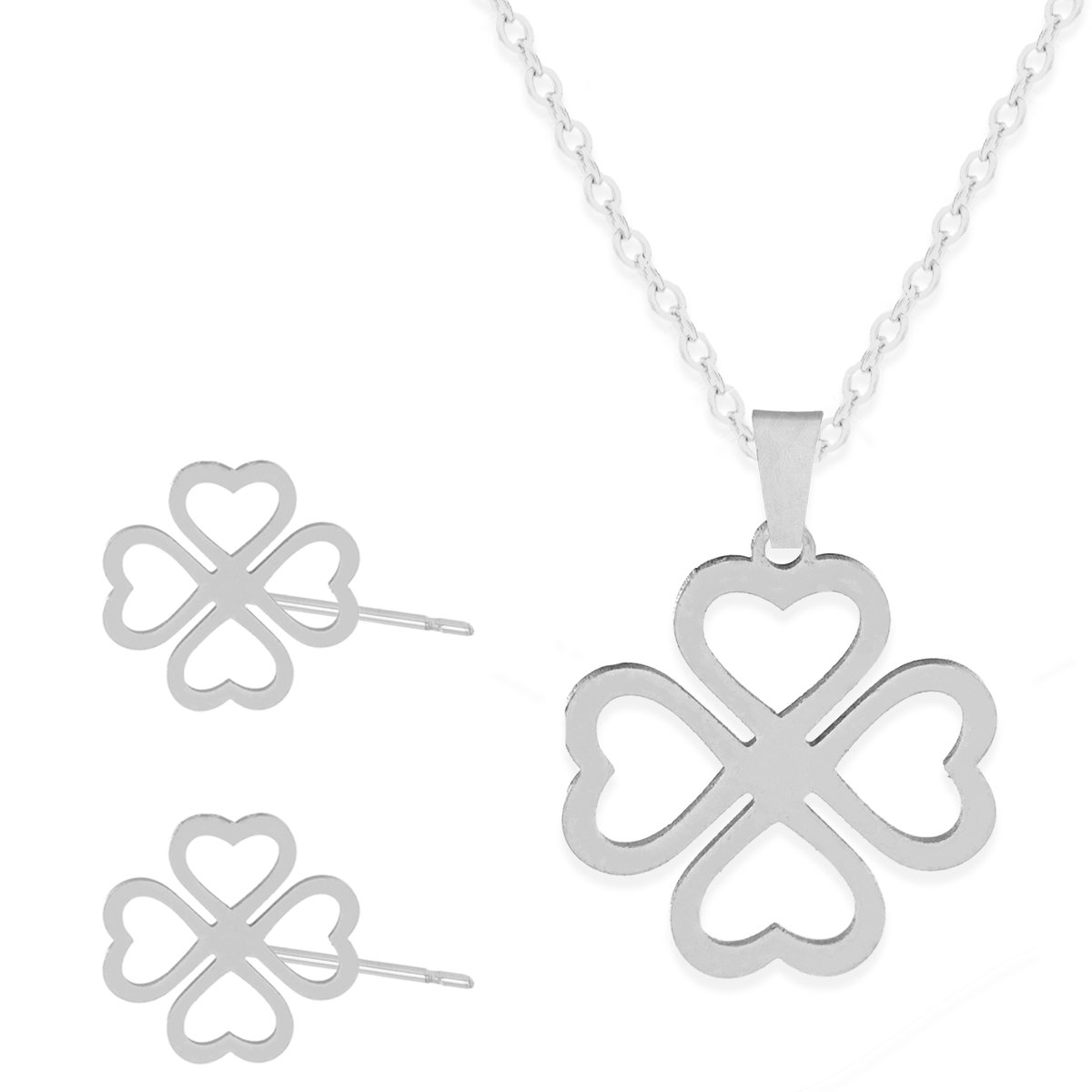 Cadeau Ketting & Oorbellen set met Klavertje Vier - Roestvrij Staal - Zilverkleurig - Cadeau Sieraad op Kaartje - Pax Amare