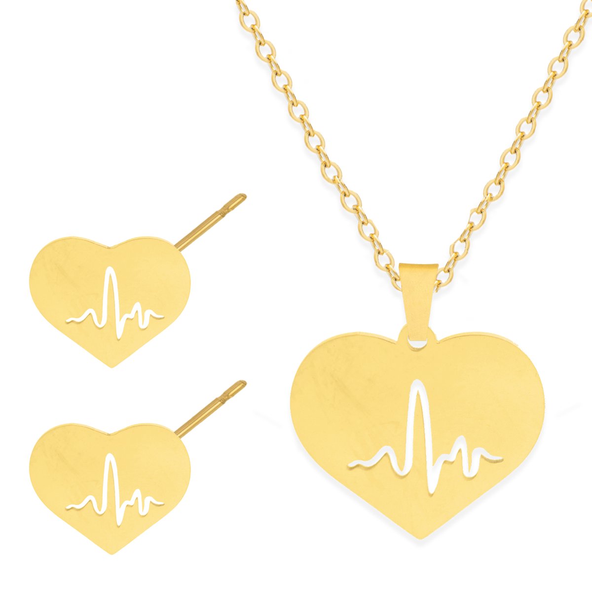 Cadeau Ketting & Oorbellen set met Hart & Levenslijn - Roestvrij Staal - Goudkleurig - Cadeau Sieraad op Kaartje - Pax Amare