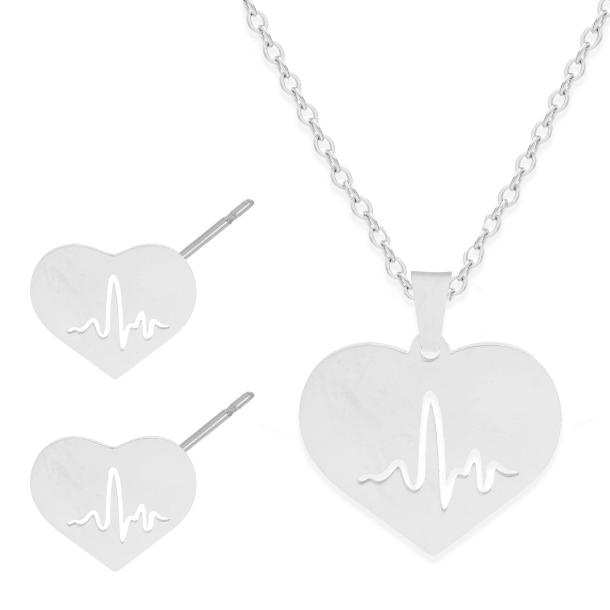 Cadeau Ketting & Oorbellen set met Hart & Levenslijn - Roestvrij Staal - Zilverkleurig - Cadeau Sieraad op Kaartje - Pax Amare