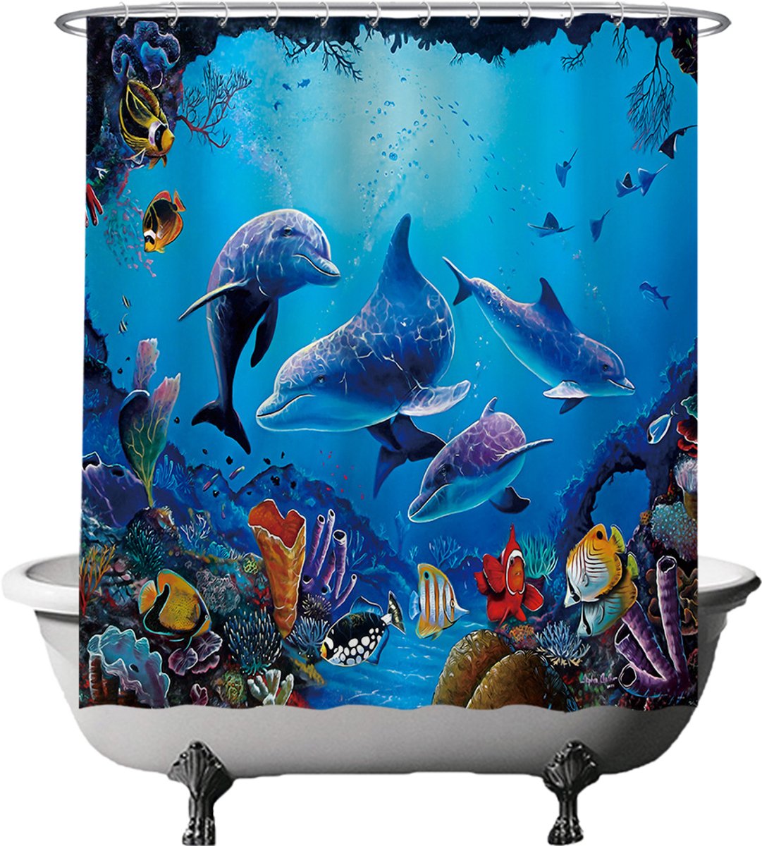 Ulticool Douchegordijn - Dolfijn Zee Vissen Aquarium - 180 x 180 cm - met 12 ringen - Anti Schimmel - Waterdicht & Wasbaar - Semi Transparant - Blauw