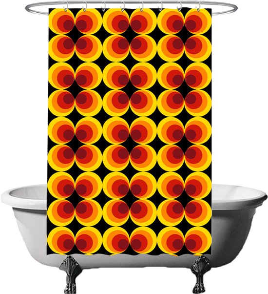 Rideau de douche avec un motif graphique de cercles jaunes, orange et rouges.