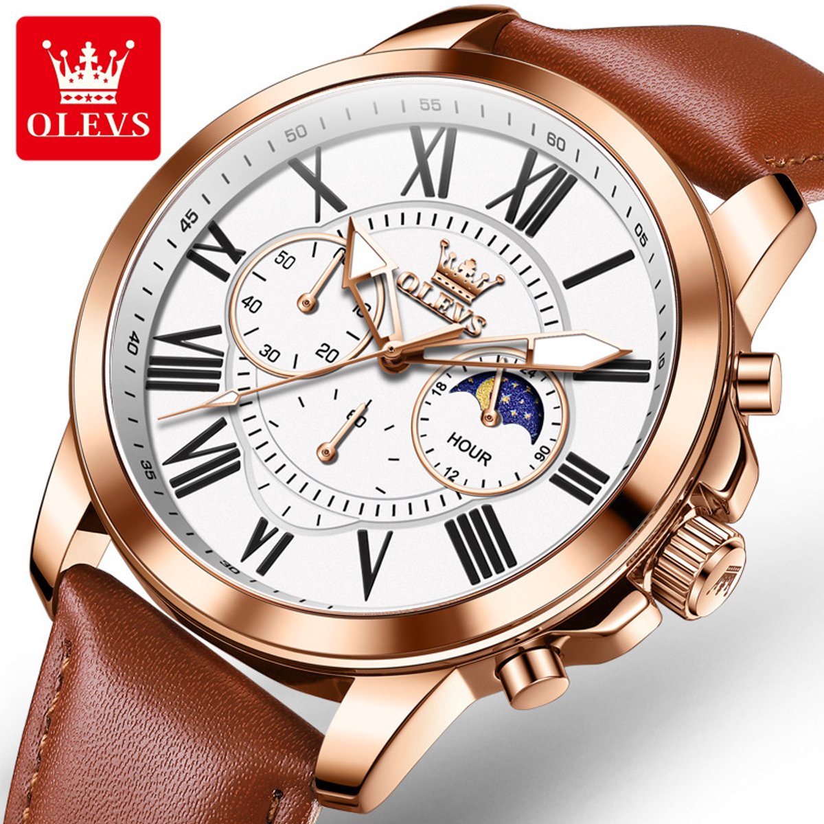 HO-3632.br-rs-z : Olevs rosékl edelstaal chronografisch quartz horloge, zilverwitte wijzerplaat, cognackl genuine lerenband, uren minuten maanfase -aanduiding