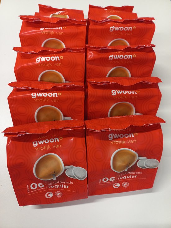 G'woon koffiepads regular classic, 36 stuks per pak, verpakt in rode verpakking met afbeelding van koffiekopje.