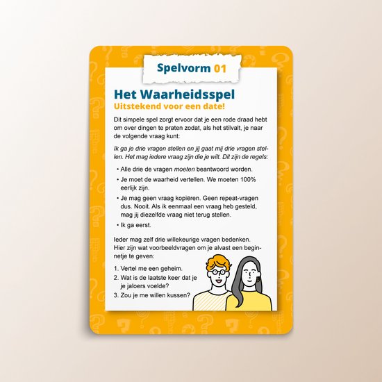 Spelvorm 01: Het Waarheidspel uitstekend voor een date. Met een illustratie van een koppel.
