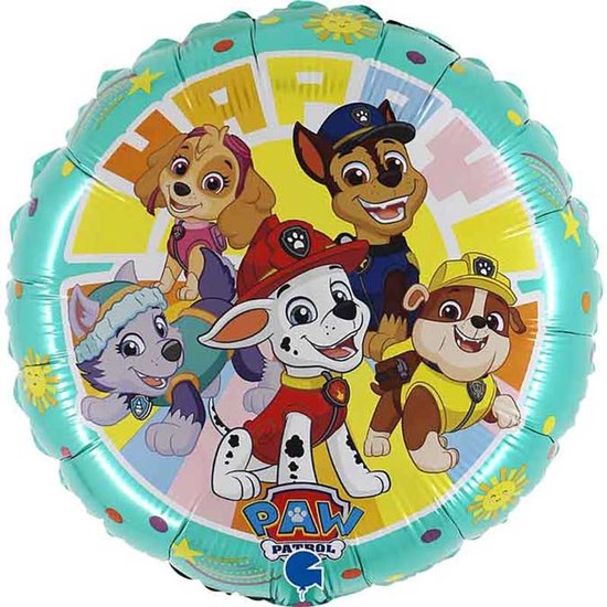 Folieballon met PAW Patrol pups Chase, Marshall, Skye, Rubble en Everest erop. De ballon is lichtgroen met een patroon van stippen en zonnetjes.