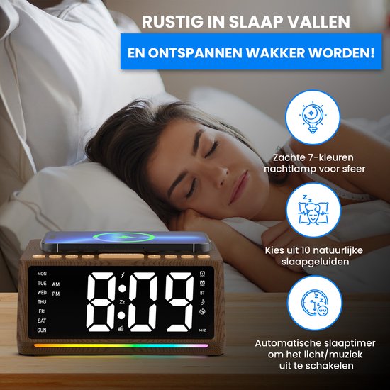 thumbnail: Elektrische Digitale Houten Wekker - Geluidsbediening, Groot Display, Nachtkastje Klok Met Meerdere Alarmen