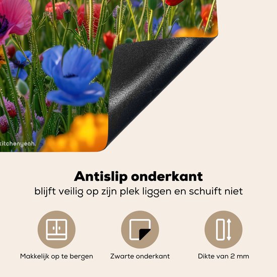 De zwarte antislip onderkant van een kookplaatbeschermer met bloemenprint.