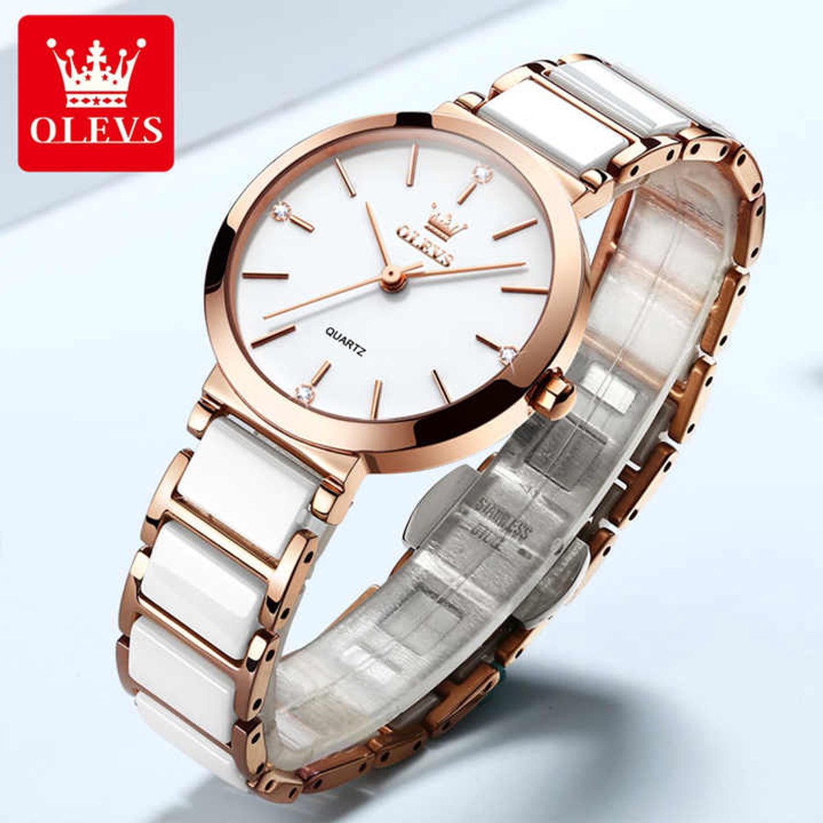 HO-5877.wi : Olevs rosékl edelstaal dames horloge, ivoorwit ceramische tussenschakels , ivoorwit wijzerplaat met rosékl cijfers en wijzers, strass