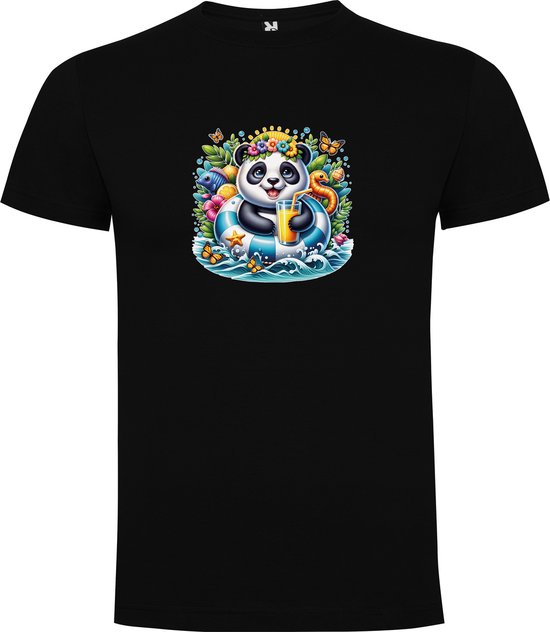 T-Shirt Noir avec "Panda Coloré en Bouée avec Cocktail – Fête – Vacances – Détente - Good Vibes " Impression Couleur Intégrale Taille 5XL