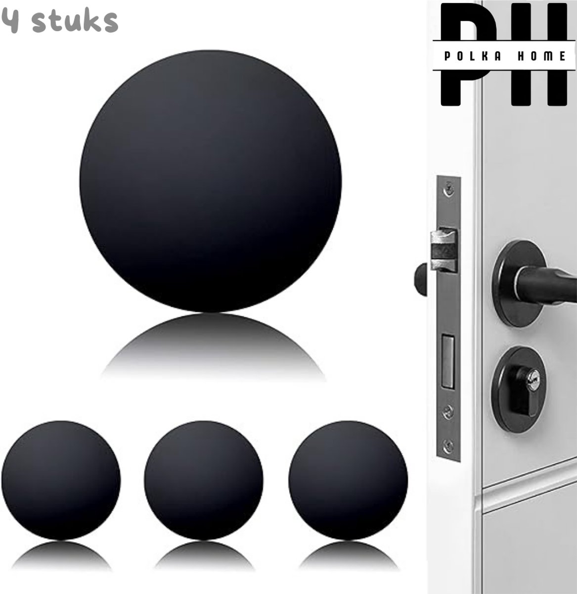PolkaHome® Deurstoppers voor Muur – Set van 4 Zelfklevende Deurbuffers, Wanddeurstopper & Wandbuffer, Ideale Deurbescherming voor Thuis & Kantoor (Ø 4 cm) (Zwart)