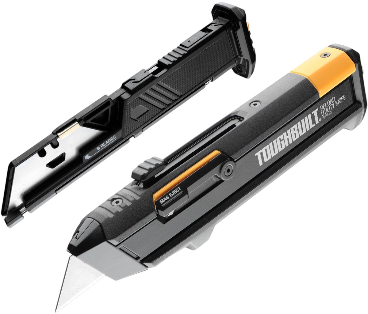 Toughbuilt reload utility knife + 2 blade magazines / stanleymes met magazijnen met 5x rechte en 5x haakmesjes