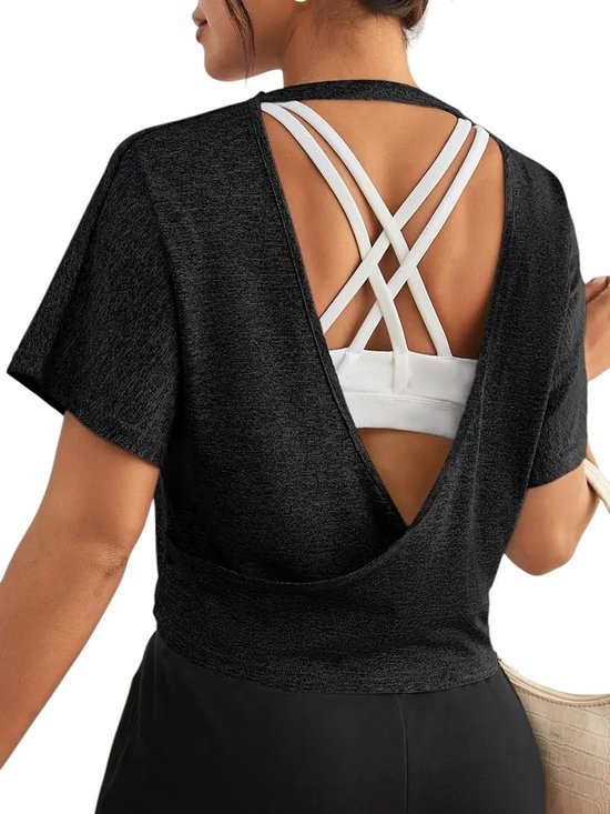 Haut de sport avec dos ouvert - Coupe ample - Manches courtes - Confortable - Élégant - Aéré - Yoga et entraînement - Haut de Fitness - Zwart - Taille XL