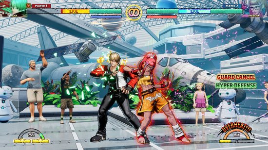 Twee vechters, een man met rode jas en een vrouw met roze haar, staan tegenover elkaar. De achtergrond is een sci-fi ruimtedok.