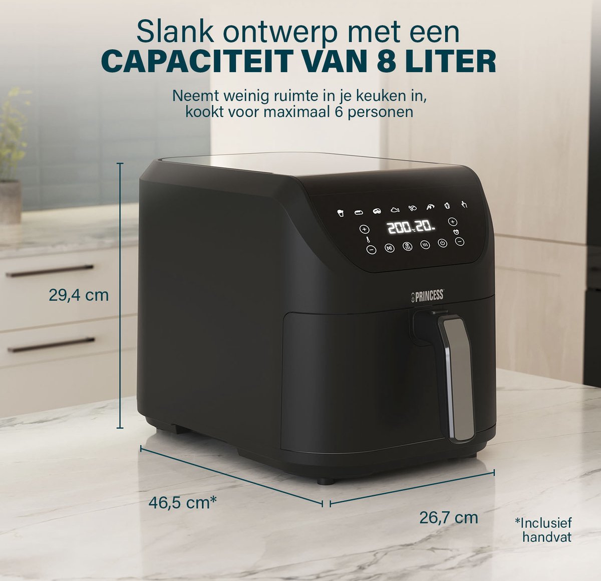 Princess Digitale Airfryer XXL 182256 - SlimFry Airfryer - Slank ontwerp - 8 liter - PFAS vrij - Heteluchtfriteuse - Digital Touchscreen - 8 Automatische Programma's - 2000W - Zwart - Ideaal voor kleinere keukens of beperkte aanrechtruimte — afbeelding 5