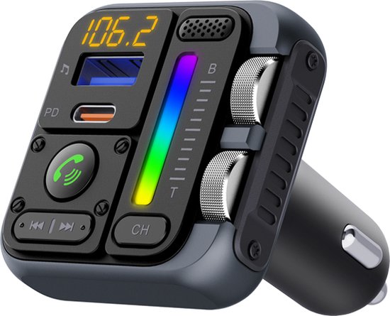 Auto FM Transmitter Bluetooth 5.3, Dual USB snel opladen Handsfree bellen, Sfeerverlichting LED, Treble/Bass-instelling