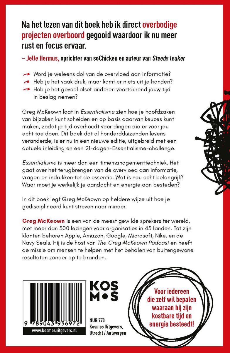 Achterkant boekcover Essentialisme: Beschrijving van het boek, quotes, ISBN en uitgever Kosmos.