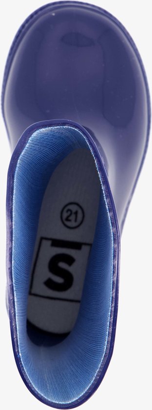 Bovenkant van een donkerblauwe regenlaars met lichtblauwe voering. Maat 21 met "S" logo zichtbaar.