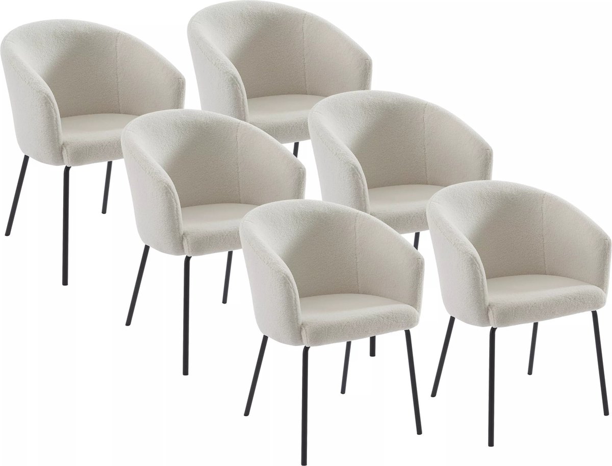 Vente-unique Set van 6 stoelen met armleuningen van boucléstof en metaal - Crèmewit - MORONI